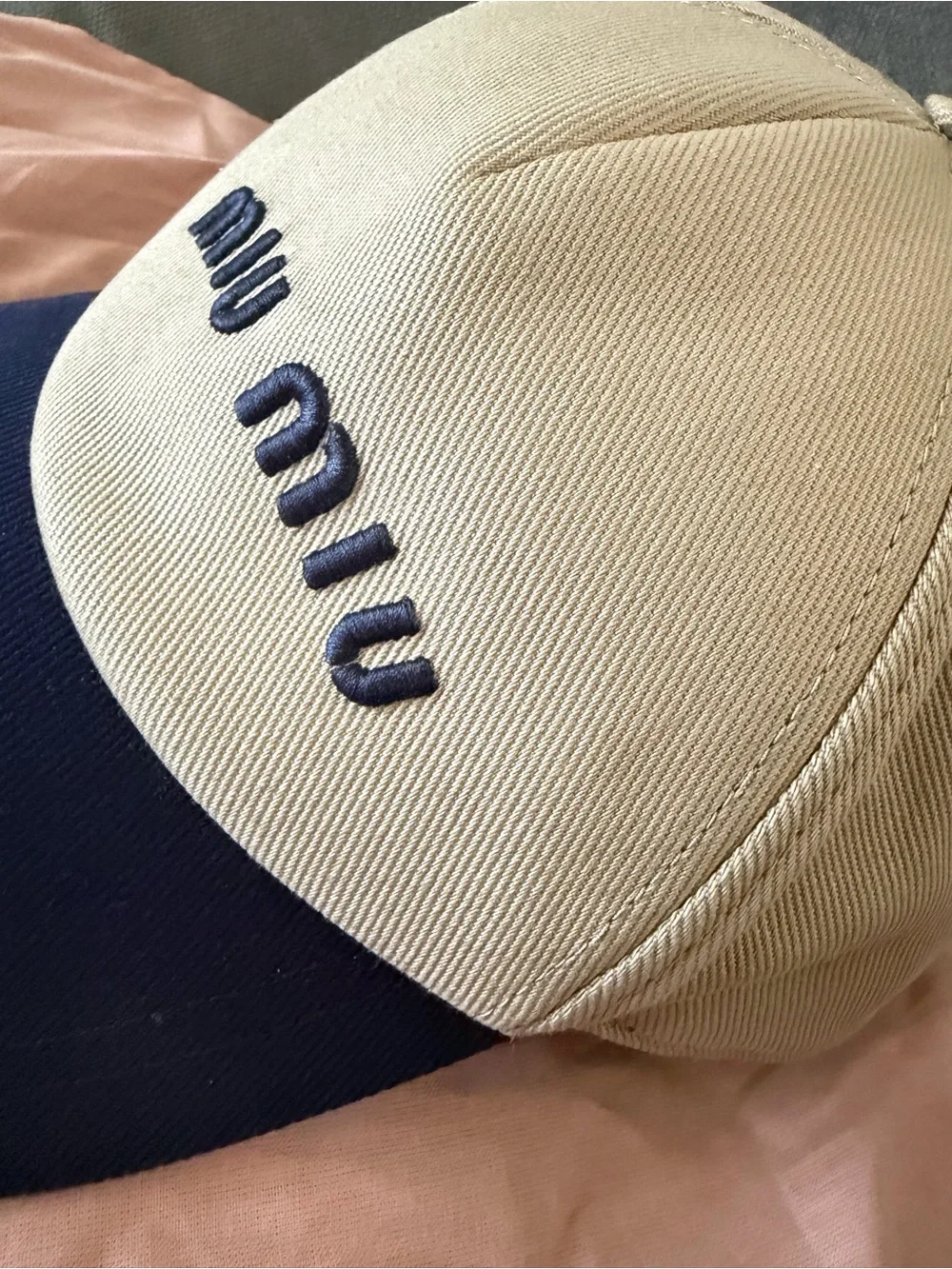 Miu Miu Beige and Navy Two-Tone Logo Baseball Cap
